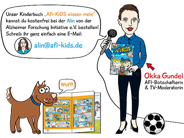Die Comicfiguren Okka Gundel und Hund Bruno zeigen das AFi-KiDS Kinderbuch.