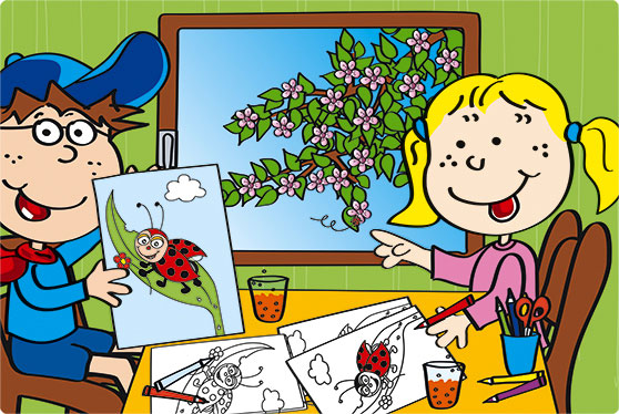 Katja und Max, die AFi-KiDS und Comic-Helden malen für ihre Oma einen Marienkäfer.