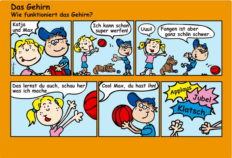 Die Comicfiguren Katja und Max erklären, wie man lernt, sich Bälle zu zuwerfen.