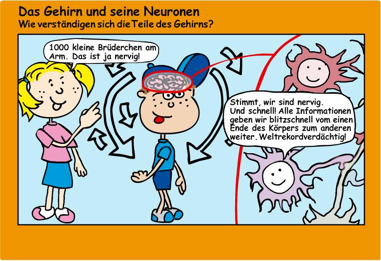 Die Comicfiguren Katja und Max sprechen über die Funktion von Nervenzellen.