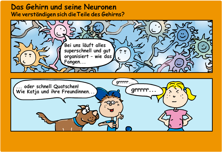 Die Comicfiguren Katja und Max reden über Nervenzellen.