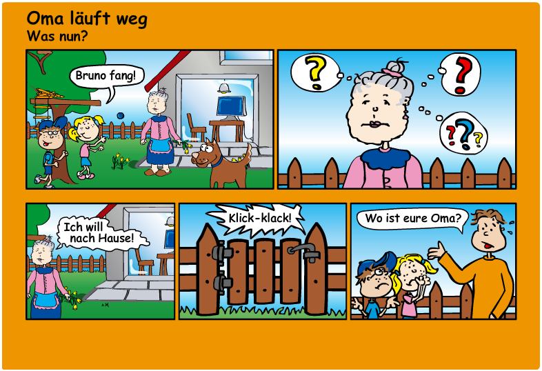 Die Comicfiguren Katja und Max spielen im Garten und merken nicht, dass ihre Oma wegläuft.