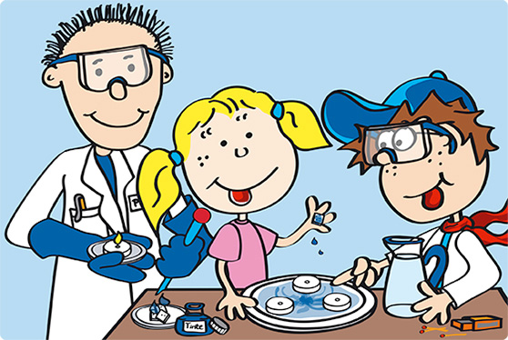 Katja, Max und ein erwachsener Forscher führen ein Experiment durch.