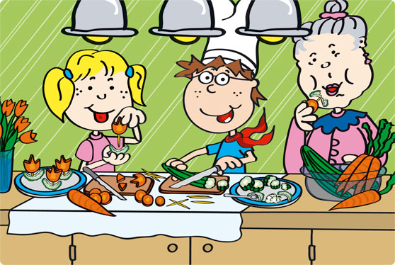 Katja, Max und ihre Oma stehen in der Küche bereiten Fingerfood aus Möhren und Gurken zu.