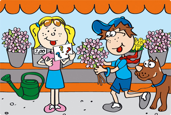 Die Comicfiguren Katja und Max kaufen auf einem Markt Blumen für ihre Oma.