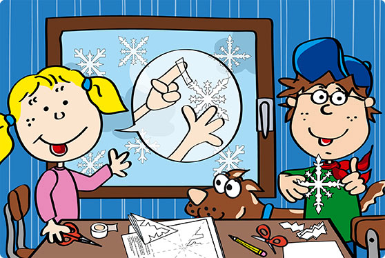 Die Comicfiguren Katja und Max basteln Eiskristalle aus Papier.
