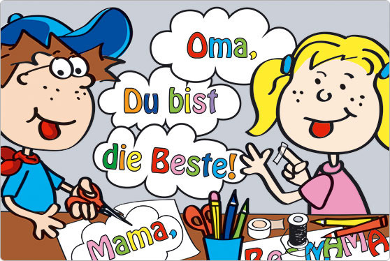 Die Comicfiguren Katja und Max basteln für den Muttertag und erfinden den Oma-Tag.
