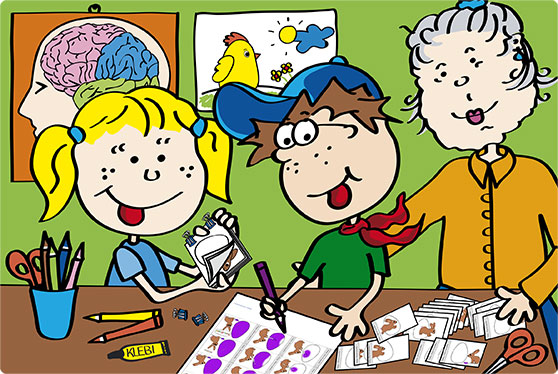 Die Comicfiguren Katja und Max basteln ein Osterkit mit Daumenkino und Grußkarte für ihre Oma.