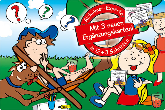 Katja und Max üben im Garten Wissen mit Frage-Antwort-Karten.