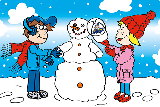 Katja und Max sind im Schnee und bauen einen Schneemann.