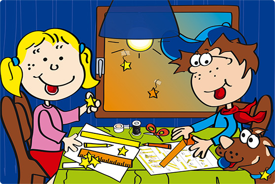 Die Comicfiguren Katja und Max falten kleine Sterne.