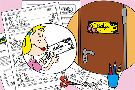Die Comicfigur Katja bastelt Türbeschriftungen für ihre Oma.