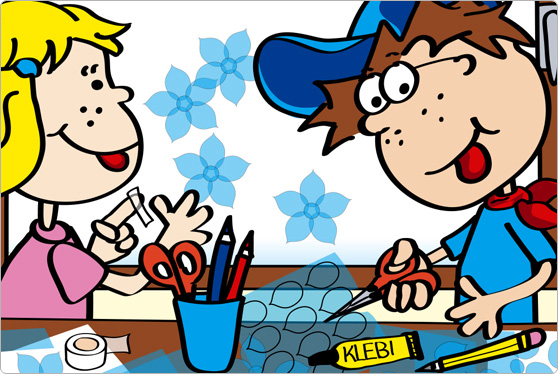 Die Comicfiguren Katja und Max basteln Vergissmeinnicht-Blüten.